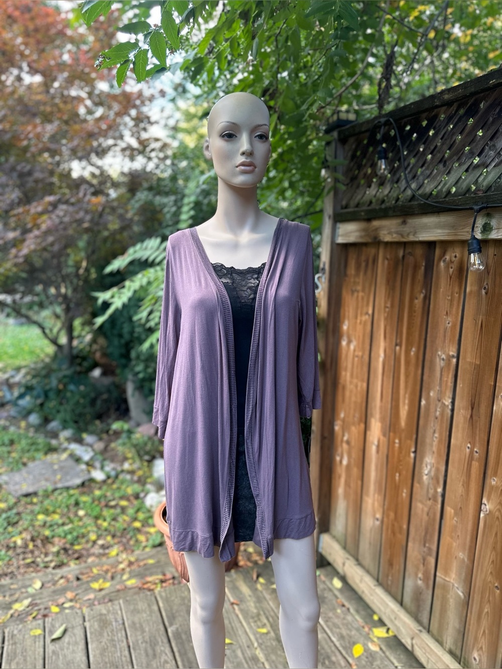 Lavender Open-Front Lounge Cardigan with Lace Trim Cami